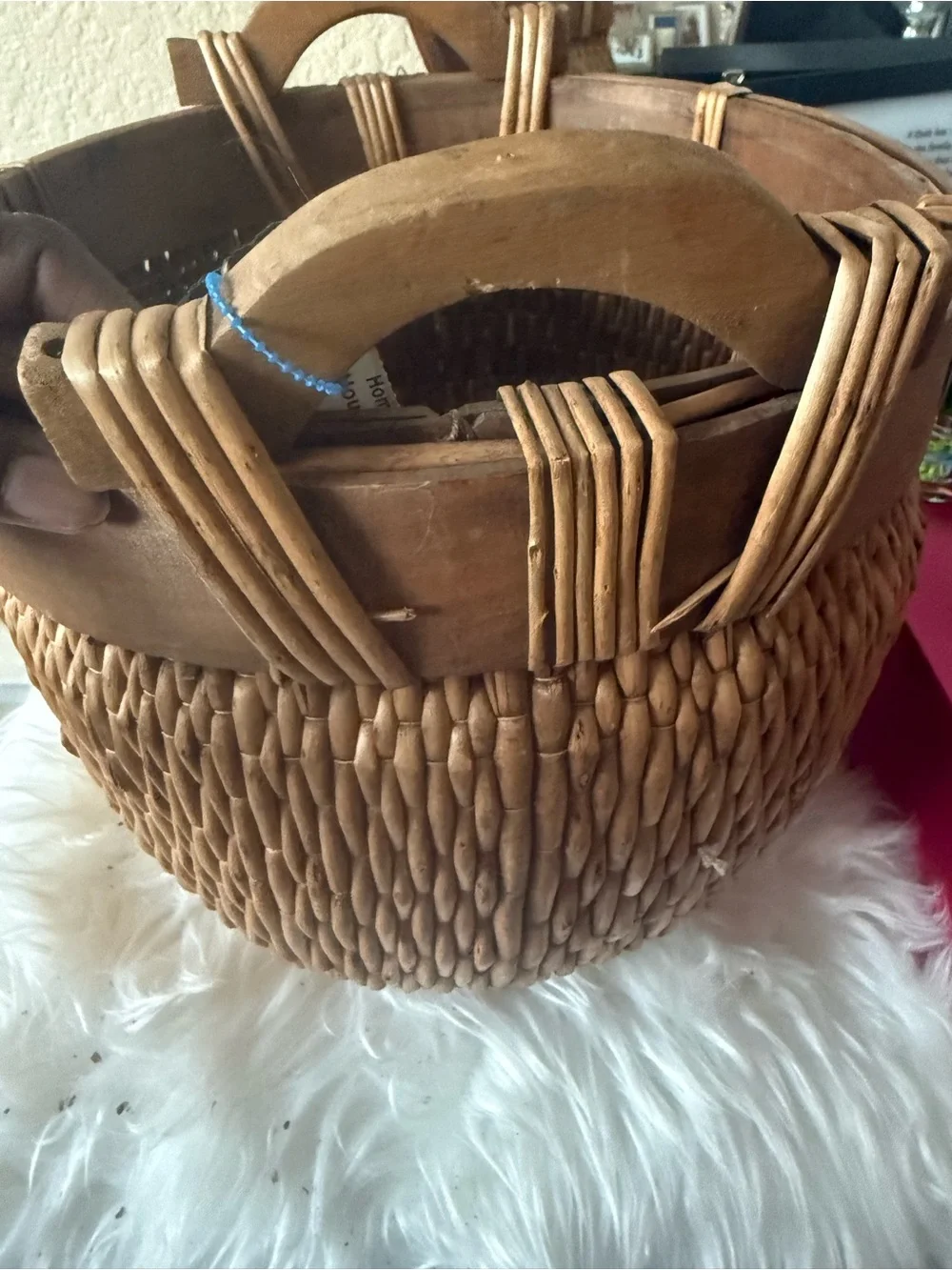 Antique Chinese Woven Willow Gathering Basket Medium Hand Carved Arched Handles